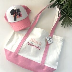 Women’s pink and white canvas tote and Barbie hat one size